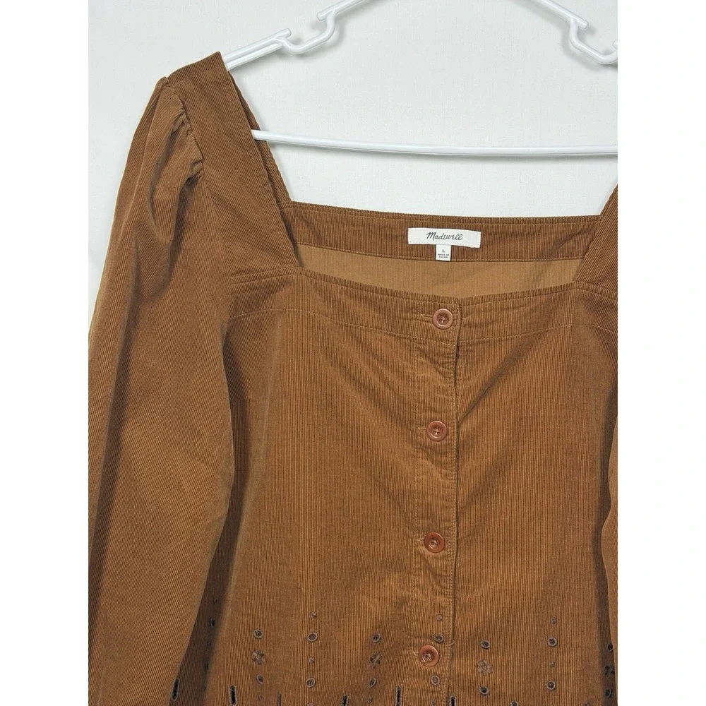 Madewell Corduroy Eyelet Embroidered Tie Sleeve Blouse Brown L Cottagecore